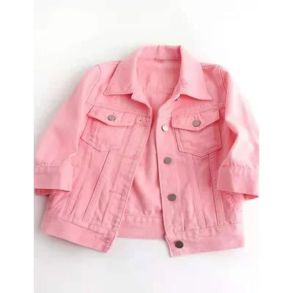 Women's 3/4 Sleeve Colored Cropped Denim Jacket Short Jean Jacket Trucker Pink - Picture 2 of 5